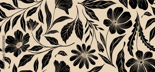 Leaves branch and Hand Drawn simple floral plants banner. seamless pattern. Creative minimalist Abstract art background. Design wall decoration, postcard, poster and brochure