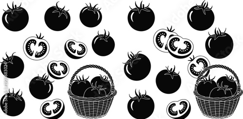 Tomato silhouettes collection, fresh whole and sliced tomatoes with basket, black vegetable icons, organic food elements, minimalist vector illustration