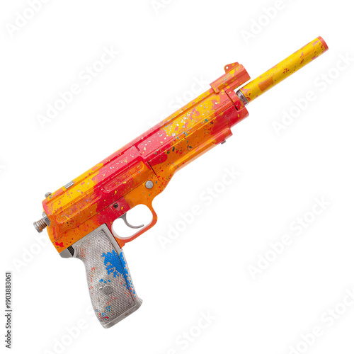 Colorful Toy Gun Displayed on a Plain Background With Bright Splashes of Pain...