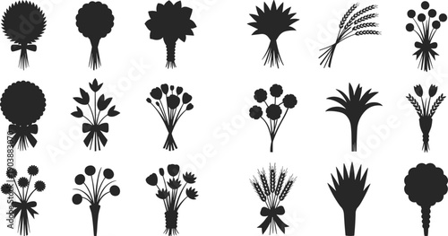 Floral bouquet silhouettes collection, decorative flower arrangements and wheat bundles, black botanical elements, wedding and rustic design, vector illustration