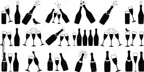 Champagne bottle and glass silhouettes set, celebration drink icons collection, black party symbols, toast elements, minimalist vector illustration design