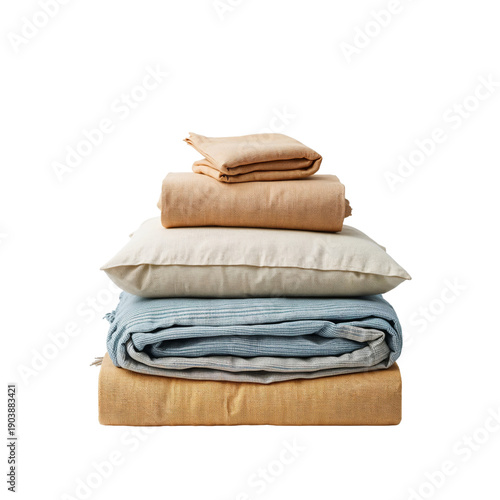 Bedding Stacked in a Simple Arrangement on a White Background With Various Te...