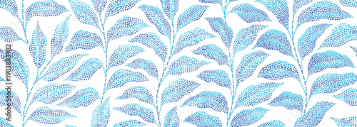 Seamless dotted leaf pattern with blue foliage on pink background. Modern botanical design in halftone dot style, ideal for fabric, wallpaper, packaging, fashion and home decor