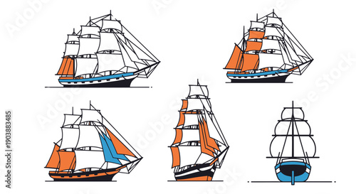 Clipper Ship Line color art simple design