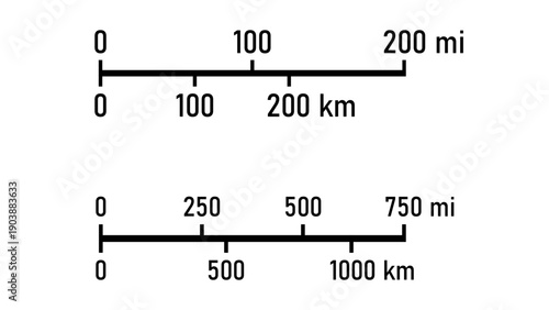 Scale Icon and Linear or Bar Scale Cartography Symbol Sign with Mi Miles and Km Kilometers Measurement Element Set for Map or Site Plan Orientation. Vector Image.