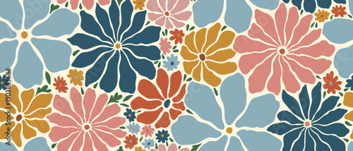 Retro floral seamless pattern with colorful flowers. Vintage groovy aesthetic background for textile design, fabric print, and wallpaper. Ditsy flower power vector illustration.