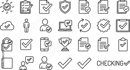 Checklist and verification line icons set featuring approval marks, documents, security checks, user validation, task management and cloud confirmation symbols for vector design