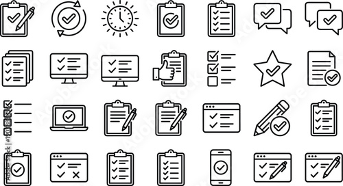 Checklist icons set, task management illustration collection, verification and approval symbols, productivity planning graphics, forms check marks and digital workflow elements