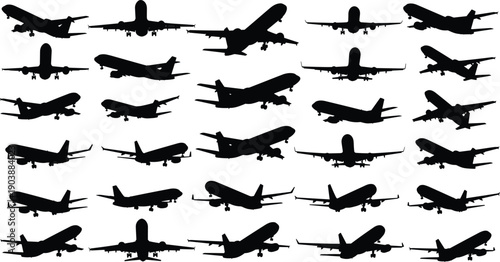 Airplane silhouette vector, jet aircraft illustration, aviation graphic design, commercial plane artwork, flying aircraft icon, transportation clipart, travel industry symbol