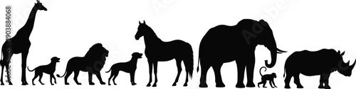 Animal silhouette collection, giraffe dog lion vector, horse elephant monkey rhino design, wildlife illustration, black mammal artwork, nature icon, forest animal silhouette