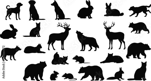 Animal silhouette collection, dog cat rabbit vector, deer bear wolf design, wildlife illustration, black mammal artwork, nature icon, pet silhouette art