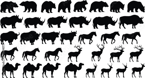 Animal silhouette illustration, bear rhinoceros bull bison horse deer camel, wildlife pattern, exotic fauna design, nature art, black silhouettes, side profile, white background