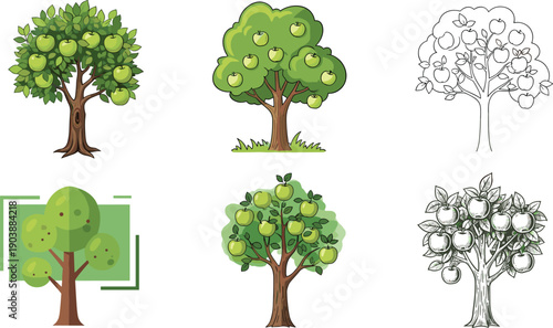 Collection of cartoon and sketch apple tree illustrations with green apples, featuring various artistic styles and simplified designs.