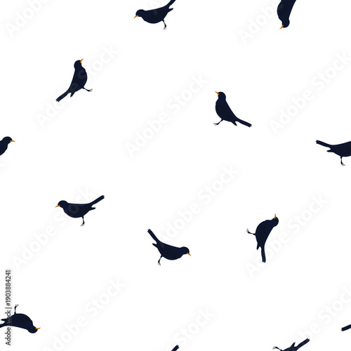 Seamless animals pattern dark blue birds Turdus merula (common blackbird) with orange beak on white background, vector eps 10