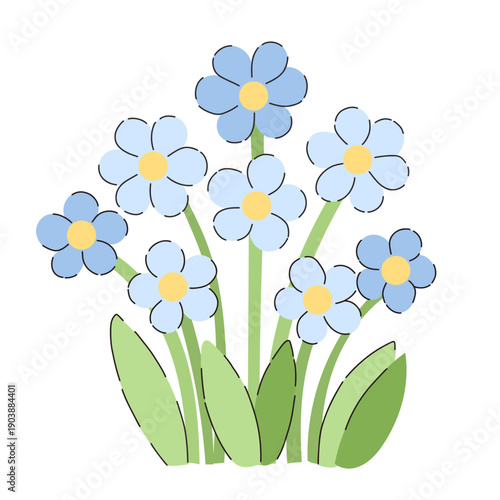 Blue forget-me-not flowers - bouquet of small blue blossoms with yellow centers on white background. Minimalist floral artwork with soft pastel colors and clean outlines, ideal for spring designs.