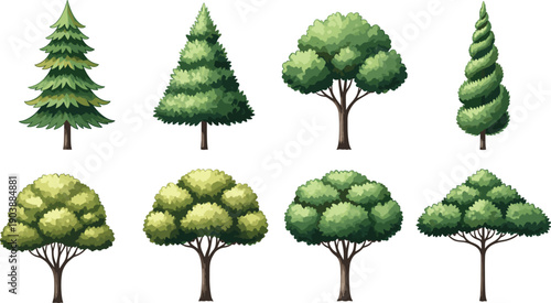 Collection of stylized cartoon trees including pine, topiary, and broad-leaved types for games, animation, nature illustrations, and landscape design.