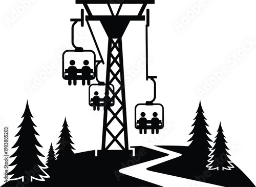Chairlift at a ski resort with support tower, cables, open chairs carrying people. through evergreen trees, winter snow and mountain peak 