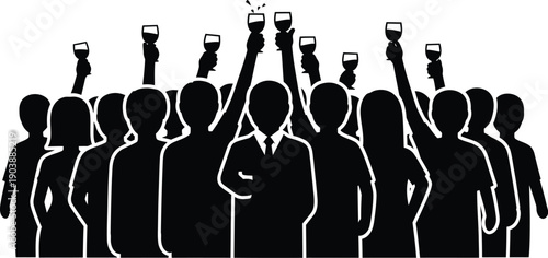 Silhouetted group of people raising glasses and bottles in a celebratory toast. Parties and festive events, success, unity, and friendship, concerts or music festivals