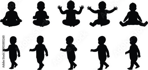 Baby, silhouette, sitting, walking, toddler, child, development, milestone, posture, movement, growth, infant, stages, motor, skill, progression, standing, step, illustration, concept, design