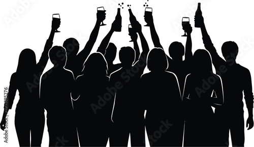Silhouetted group of people raising glasses and bottles in a celebratory toast. Parties and festive events, success, unity, and friendship, concerts or music festivals