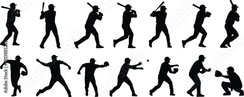 Baseball player silhouettes in action poses, batting, pitching, catching, fielding, black figures, sports movement, athletic gesture, white background