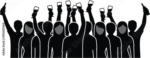 Silhouetted group of people raising glasses and bottles in a celebratory toast. Parties and festive events, success, unity, and friendship, concerts or music festivals