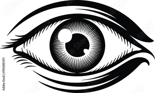A highly detailed, black and white illustration of a human eye with intricate lines