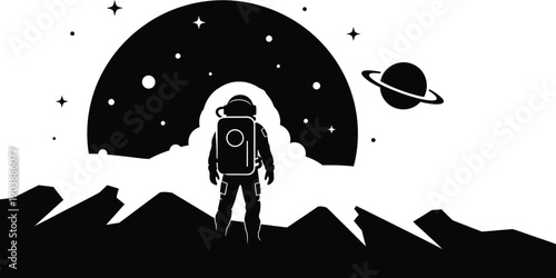 Astronaut on the surface of an alien planet, likely Mars, looking out at the horizon. Astronaut on the surface of a distant, unfamiliar planet looking at the rising celestial body horizon 