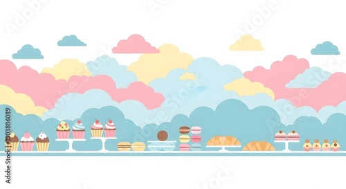 Colorful dessert display with cupcakes and pastries against clouds  