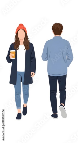 Man and woman walking on street with coffee in casual outfits  