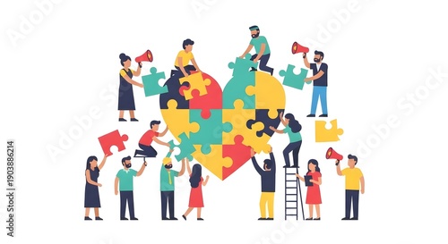 Diverse group of people assembling colorful heart-shaped puzzle  