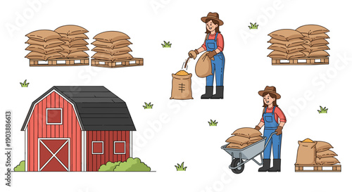 A colorful vector illustration of a farmer working near a red barn with hay bales and tools