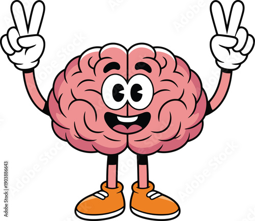 An anthropomorphic brain with arms and legs making peace signs with both hands.