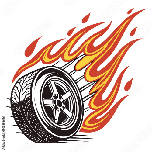 A tire with flames coming out from behind it Vector