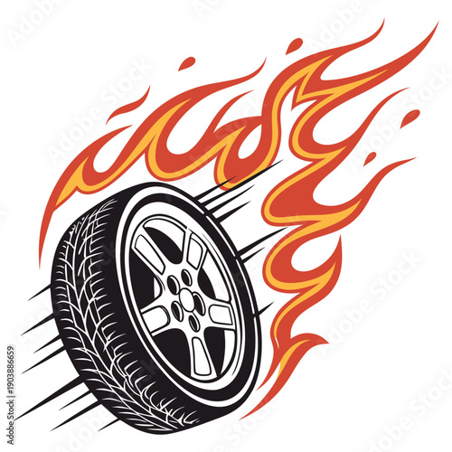 A tire with flames coming out of it Vector