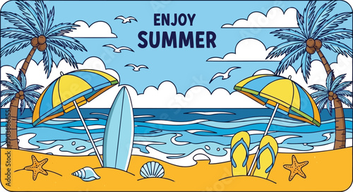 Modern flat design vector illustration of sunny summer beach