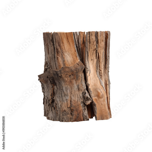 Wood Log Placed on a White Surface Showing Natural Texture and Details of the...