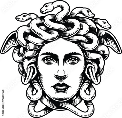 Intricate black and white illustration of a mythical medusa head with snakes