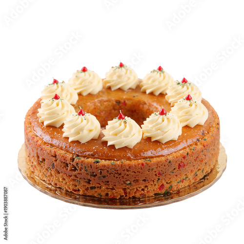 Delicious Cake With Frosting and Decorative Toppings on a Round Golden Tray