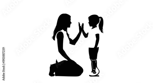 A mother and daughter in a touching moment with a prosthetic leg in a minimalist vector graphic