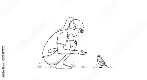 A minimalist line art illustration of a young girl crouching and feeding a small bird