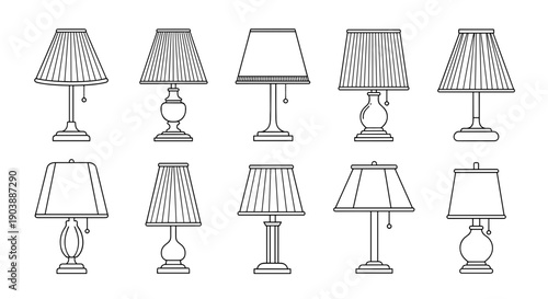 A set of various table lamps in a minimalist line art style on a white background
