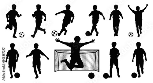 A set of black silhouettes of soccer players in various poses on a white background