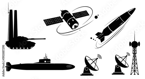 A set of black silhouettes depicting various space and military vehicles and technology icons