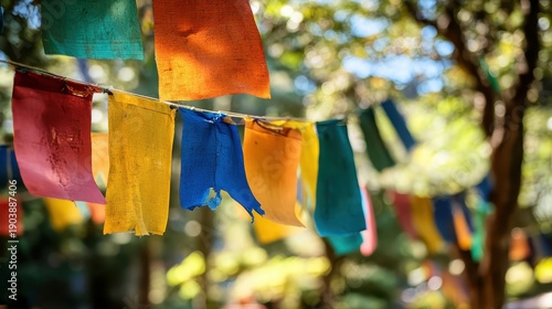 Tattered prayer flags fluttering gently in the breeze in bright sunlight with trees in the background