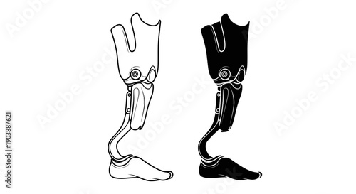 A minimalist vector illustration of two prosthetic legs in black and white line art style
