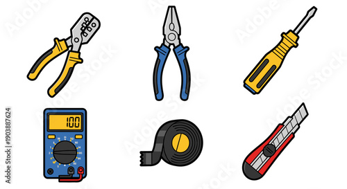 A collection of various tools and equipment for electrical work and DIY projects is neatly arranged on a clean surface from a top-down viewpoint.