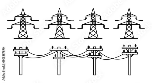 A minimalist vector graphic illustration of power transmission towers and lines in a simple design