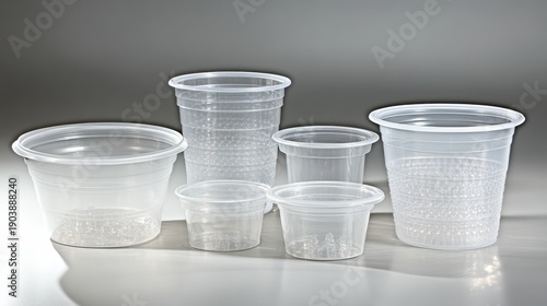Various sizes of clear disposable plastic containers for food and drinks on a table