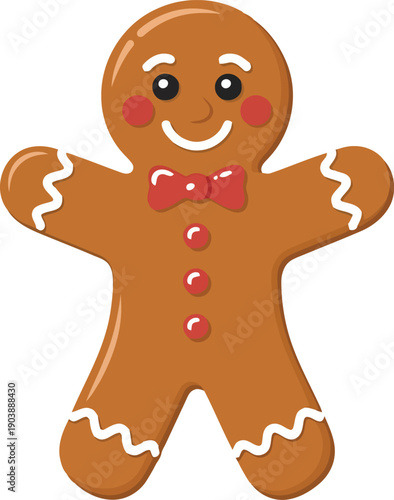 A cheerful gingerbread man with a red bow tie and candy decorations